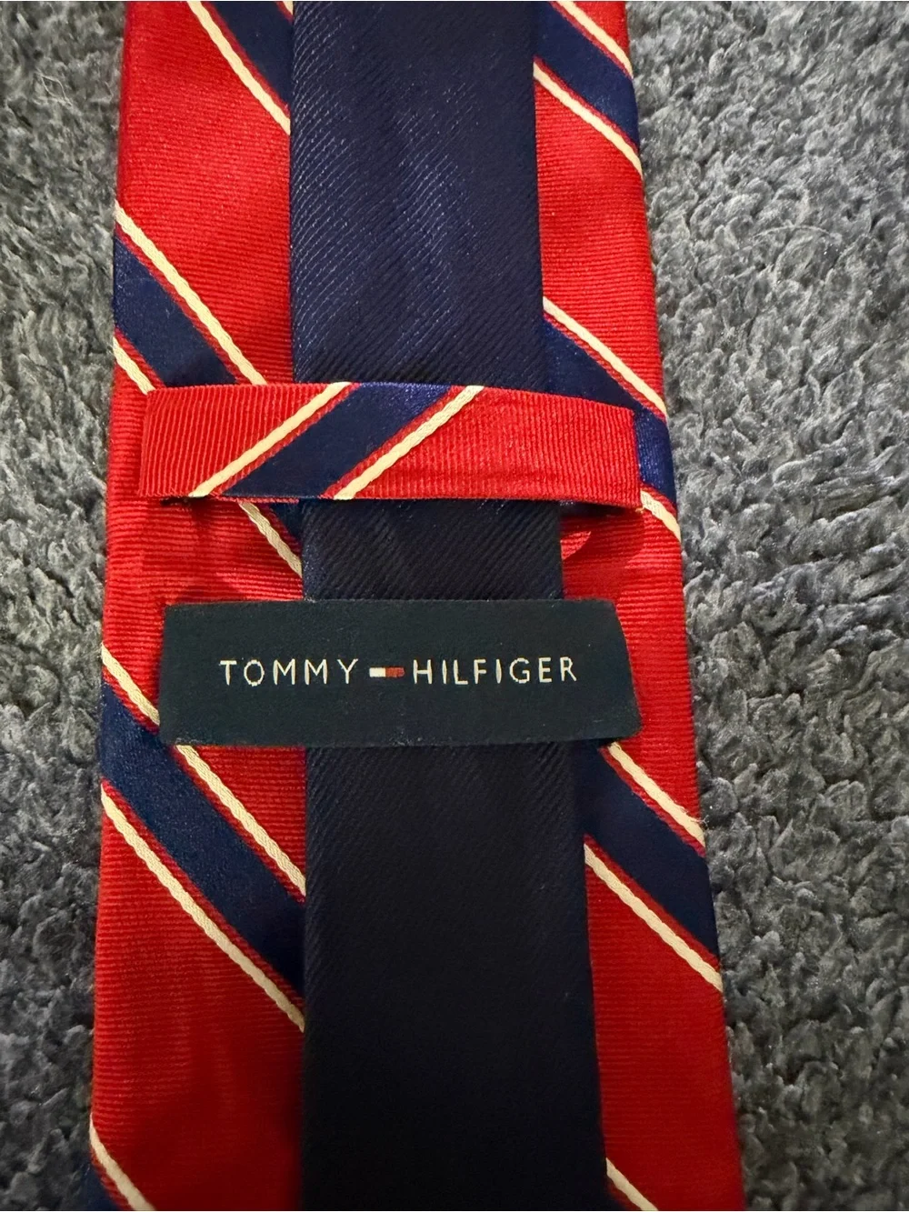 Tommy Hilfiger Men's 100% Silk Red and Navy Blue Striped Necktie
